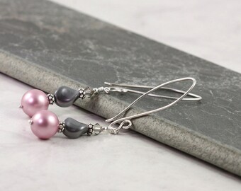 Pearl Earrings Pastel Pink Dusty Rose Smoke Gray Mauve Fancy Sterling Silver Prom Jewelry