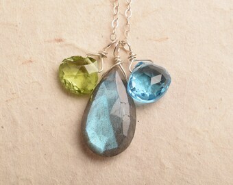 Labradorite Necklace, Birthstone Necklace, Blue Topaz Peridot Necklace, Sterling Silver Gemstone Necklace