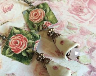 MisMatched Earrings*vt3 Asymmetrical Earrings, Floral, Flowers, Ceramic Bells, Polkadots, Romantic Boho, JustSlightlyVintage