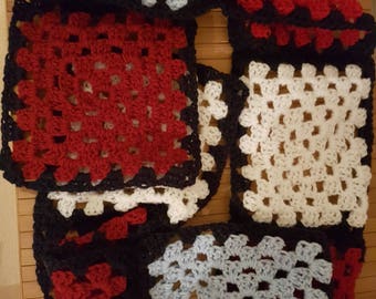 Crochet granny square red, white and blue handmade scarf suitable for men or women