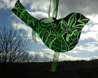 Glass bird with leaf design. Handmade.