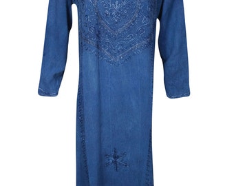 Funky Royal Blue Enzyme Wash Embroidered Maxi Dress Rayon Button Front Comfy Summer Evening Shift Dresses XL
