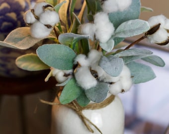 Cotton arrangement, rustic arrangement, farmhouse arrangement, second anniversary gift, primitive arrangement, lambs ear arrangement