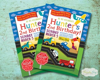 Transportation Birthday Invitation, Cars and Trucks Birthday Invitation, Vehicle Birthday Invitation, Construction Birthday Invitation