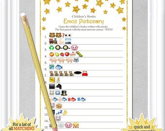 Children's Books EMOJI Pictionary game with whimsical gold stars, ANSWERS included, Instant Download, diy PRINTABLE, 85BA