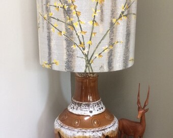 Distinctive Grey MCM Lampshade with a Floral Jasmine Forcythia Vintage Barkcloth Fabric