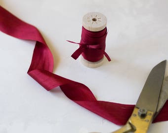 Burgundy Red Hand-Dyed Silk Ribbon (with Wooden Spool) - 5 yards - 1.25" wide