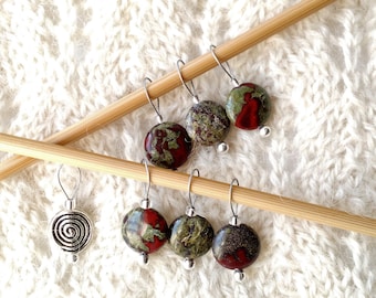 Knitting Stitch Markers - Dragon Blood Jasper - snag free loops - 12mm flat round stones and silver - set of 5 7 9 - two loop sizes