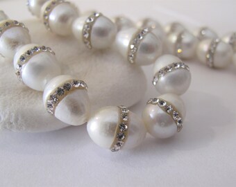 10 x 13mm Natural White Rice Oval Freshwater Pearl Beads With Rhinestones,Genuine Freshwater Pearl Beads,Cultured Freshwater Pearls(RWH-073)