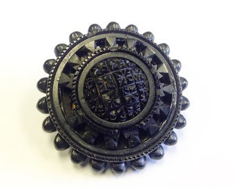 Antique, Victorian, Whitby jet mourning brooch, hand carved. AF.