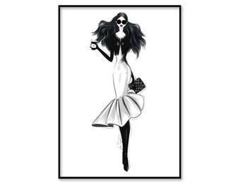 Coco Chanel Black and White Watercolor Painting Illustration