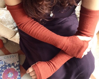 Burned orange extra long fingerless gloves in merino wool- Fingerless Mittens, opera fingerless gloves