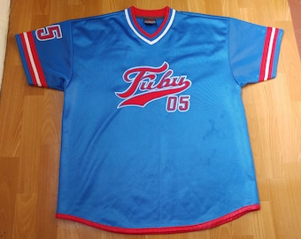 FUBU jersey, blue Fubu shirt, vintage t-shirt of 90s hip-hop clothing, 1990s hip hop, OG, gangsta rap, size L Large
