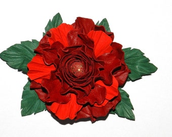 Leather brooch! Leather roses, handmade 100% leather flower - red! Nice gift for her!