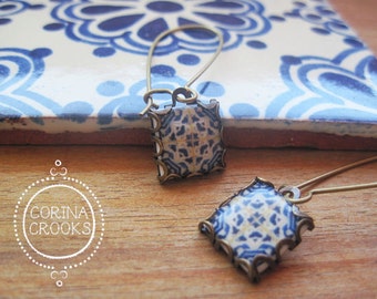 Wanderlust jewelry, Azulejos tiles, Portuguese jewelry, Spanish tile drop earrings, Gypsy Boho jewelry, Iberian, Moorish, blue and white