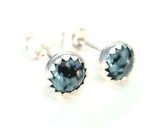 Snowflake Obsidian Stud Earrings, Black and White Earrings Studs in Silver