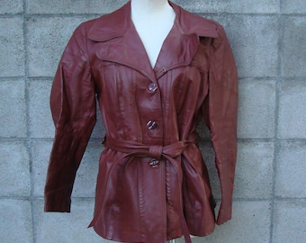 Women's Leather Jacket Vintage 1970s Burgundy Brown Leather Trench Coat