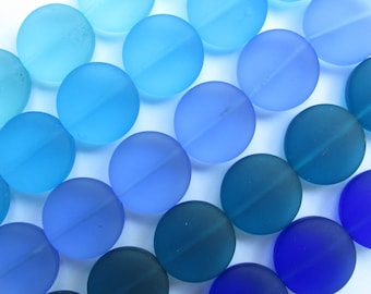 Sea Glass Beads 15mm U-Pick 5 Assorted Blue or Green Puffed Coin 6 pc Strands making sea glass jewelry
