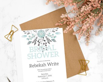 Floral Teal bridal shower invitation template,printable,whimsical ,bridal shower invitation,Vase invite, Whimsical bridal shower invitation