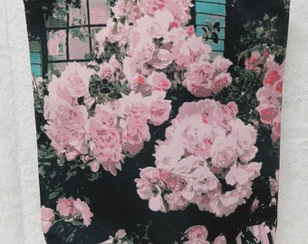 Pink Cottage Roses on the Fence Watercolor Tote Bag, Aqua, Black Accent, 12" X 14"Carryall, Storage, Travel, ECS