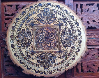 10" Wood Burned Mandala Slice - Handmade Wall Hanging, Pyrography Art, Buddhist Art, Bohemian Wall Art