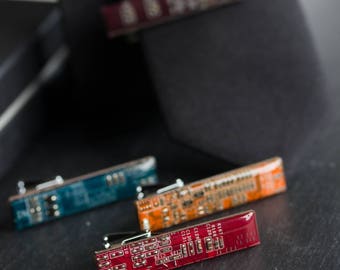 Short tie bar for a Skinny Tie - circuit board tie clip, techie, recycled, men's tie bar