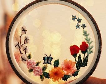 Transparent Spring Bloosom Embroidery Hoop Wall Art Decor ,Free Custom Words,mix media textile art, embroidery home decor