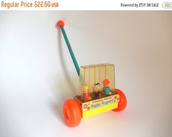 Sale - Vintage c. 1969 Wood & Plastic Fisher Price Little People Happy Hoppers Children's Push Toy