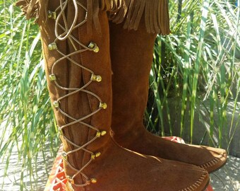 Vintage Minnetonka Fringe Suede Tall Lace Up Boots