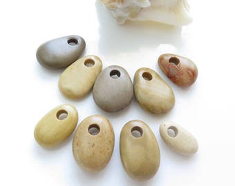 Colorful Top Drilled Beach Stones 9 pcs, Medium Smooth Beads, Flat Pebbles for Jewelry Design, Supplies Unique Special Pendants