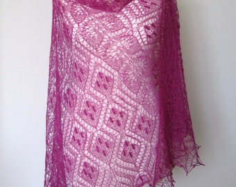 Handmade knitted lace merino wool shawl, bright mauve colour with nupps (bubles)