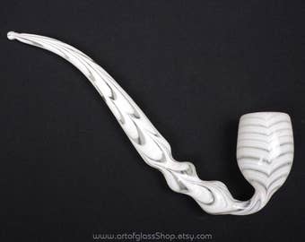 Antique Victorian Nailsea white pulled-feather glass pipe