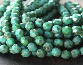 Opaque Turquoise Picasso Czech Glass Beads, 6mm Faceted Round - 50 pcs - eT6313-6