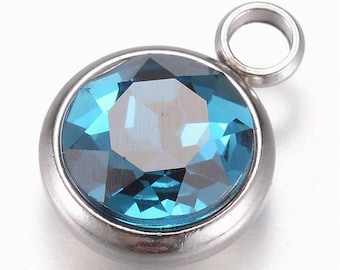 1pc, 14x10x6.5mm, Glass Charms, Faceted, With 304 Stainless Steel Findings, Flat Round, Teal