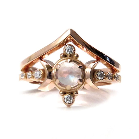 Moonstone and Rose Gold Moon Engagement Ring Set - Diamond Moon Ring with Chevron Wedding Band