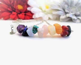 Reiki infused 7 chakra rainbow necklace, raw healing crystals and stones, raw & natural crystal jewelry, Reiki healing and chakra balancing