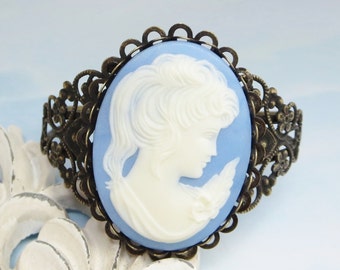 Cameo Bracelet Filigree Cuff Bracelet Wedgewood Blue White Cameo Shabby Chic Downton Abbey Victorian Jewelry
