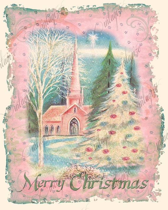 Printable Shabby Chic Christmas Vintage Church PINK Art Print