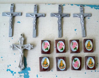 Lot of Religious items - Gray acrylic crucifix - Rosary bracelet beads - Vintage Religious - Jewelry making supplies - cheesegrits #12