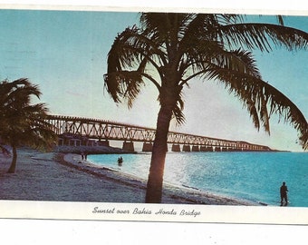 Vintage Florida Chrome Postcard Keys Sunset Over Bahia Honda Bridge Overseas Highway to Key West USED