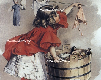 Little Girl's Room Art, Laundry Room Art, Girl Nursery Art Washing Dollies' Clothes #137