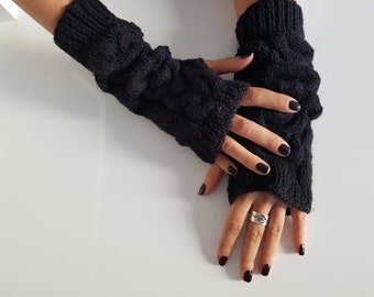 Black fingerless gloves mittens, Black arm warmers, Christmas gifts, gift for her, winter accessories, wrist warmers, winter knitted gloves