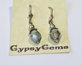 Vintage Sterling Silver 925 Genuine Cultured Green Pearl Green Faceted Crystal Dangle Leverback Earrings