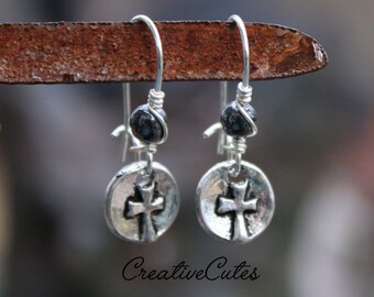 Modern Boho Tiny Cross Earring Dangles, Silver Hammered Cross Coin Charms, Black Hematite Beads, Modern Unisex Bohemian Christian Jewelry