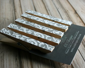 Gray Damask Clothespin Magnets, Set of 5