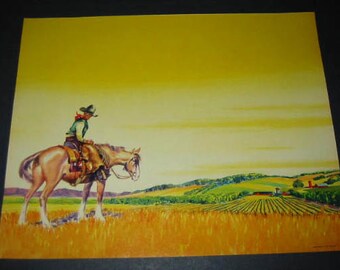 1950s Lonely Lone Cowboy on Horse Western Sky Cowpoke Louis Roesch
