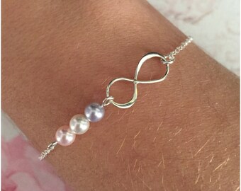 Pearl Infinity Bracelet - Sterling Silver Infinity Bracelet With 3 Pearls - Children Birthstones - Jewelry for Mom - Three Pearls in a Row