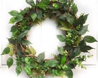 Ficus Leaf + Eucalyptus | Greenery Wreath | Grapevine Wreath | Front Door Wreath