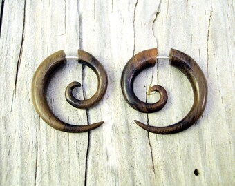 Fake Gauge Earrings Wooden Spiral Tribal Earrings - Gauges Plugs Bone Horn - FG009 W G1