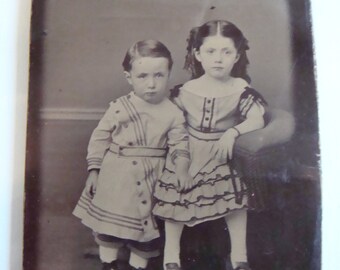Antique Photo Antique Victorian Tintype Adorable Brother and Sweet Sister
